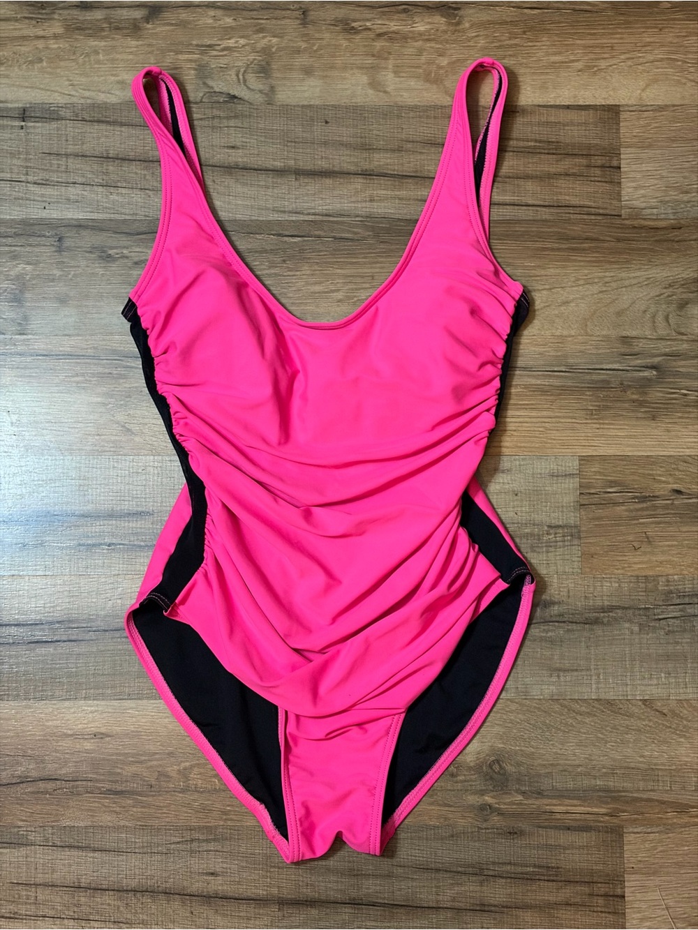 NWOT DKNY Hot Pink One-Piece Swimsuit Sheer Black Side Stripe pool beach Sz 4 - Picture 8 of 8